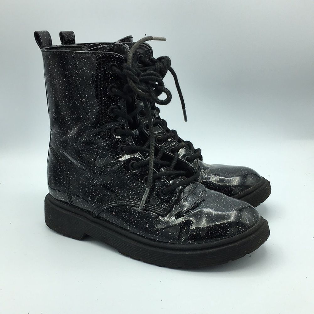 Madden Girl Black Patent Silver Sparkle Combat Boots Lace & Zip Girls 3